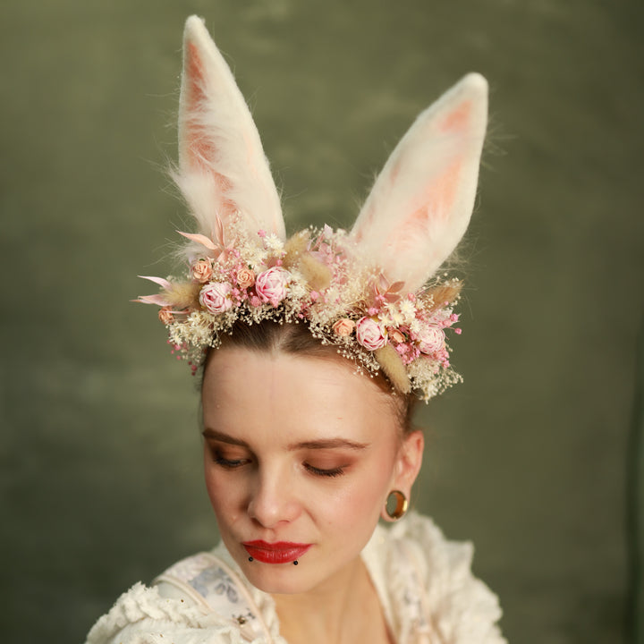 White Bunny Ears Headband with Flowers - Festival & Photoshoot – handmade floral hair accessory by magaela