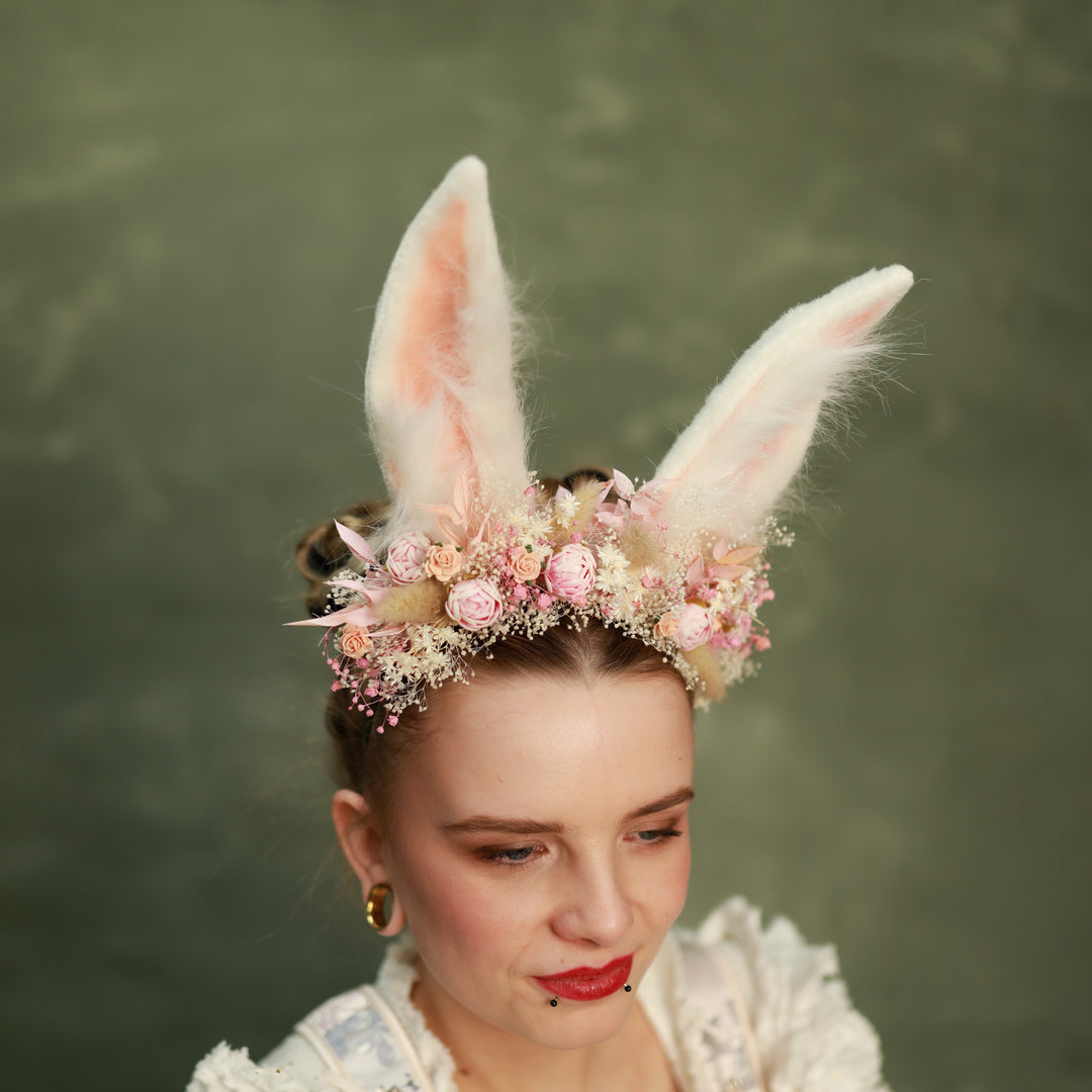 White Bunny Ears Headband with Flowers - Festival & Photoshoot – handmade floral hair accessory by magaela