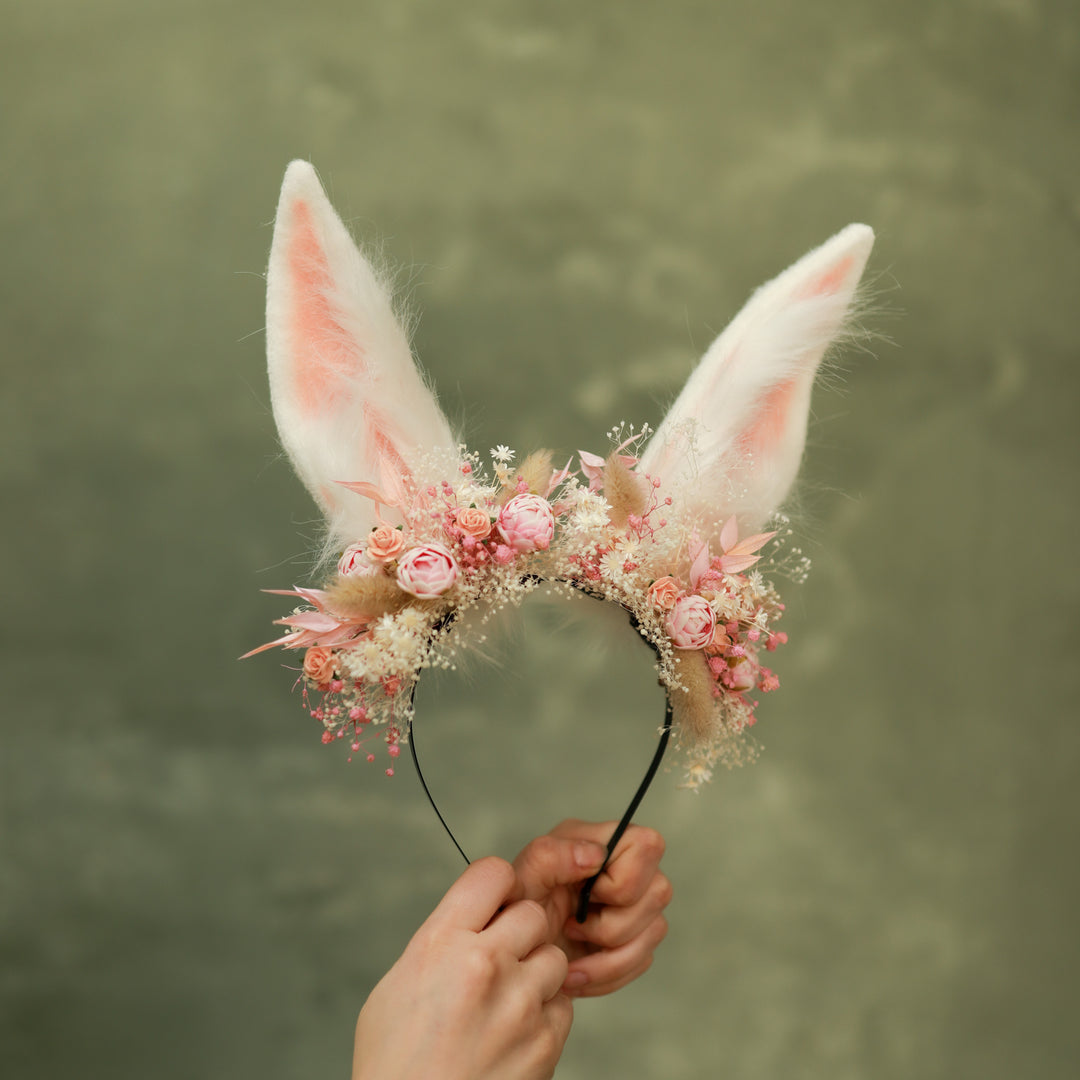 White Bunny Ears Headband with Flowers - Festival & Photoshoot – handmade floral hair accessory by magaela