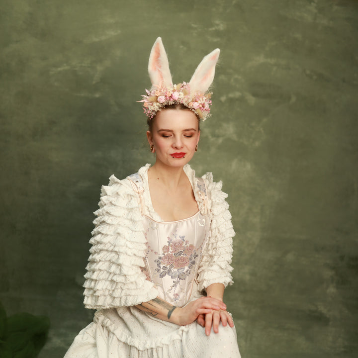 White Bunny Ears Headband with Flowers - Festival & Photoshoot – handmade floral hair accessory by magaela