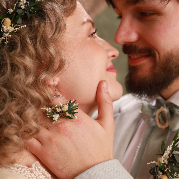 Greenery Floral Hoop Earrings – Vintage Botanical Wedding Earrings – handmade floral hair accessory by magaela