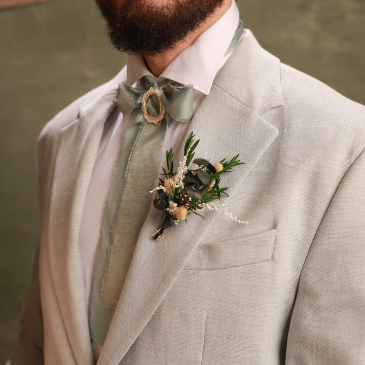 Vintage Greenery Bridal Set – Bouquet, Belt, Bracelet, Earrings, Boutonniere, Garter, Headband and Flower Crown – handmade floral hair accessory by magaela