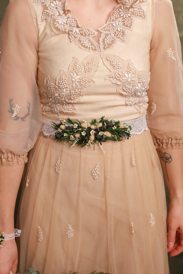 Floral Bridal Belt – Vintage Greenery Wedding Dress Belt – handmade floral hair accessory by magaela