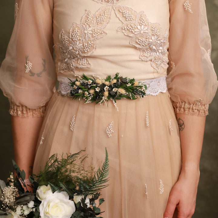 Floral Bridal Belt – Vintage Greenery Wedding Dress Belt – handmade floral hair accessory by magaela