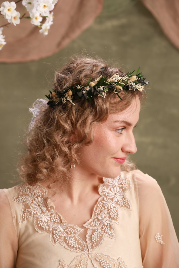 Greenery Bridal Flower Crown – Vintage Botanical Wedding Headpiece – handmade floral hair accessory by magaela