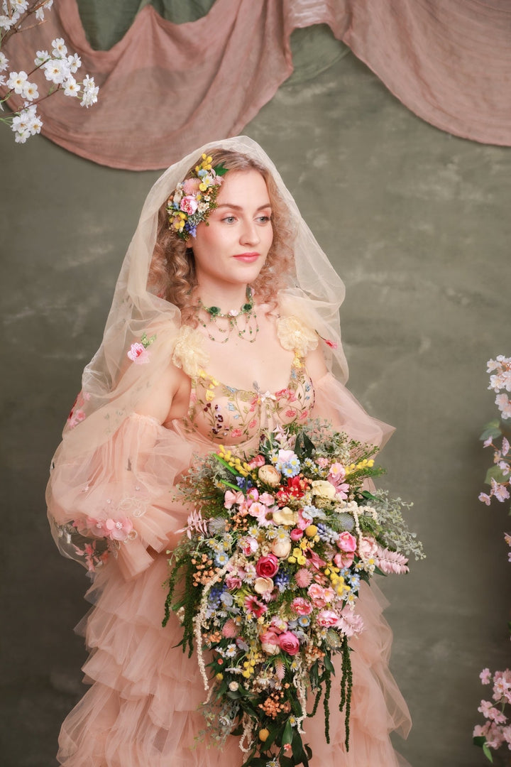 Cascading Wildflower Bridal Bouquet – Vintage Bridgerton Inspired Wedding Bouquet – handmade floral hair accessory by magaela