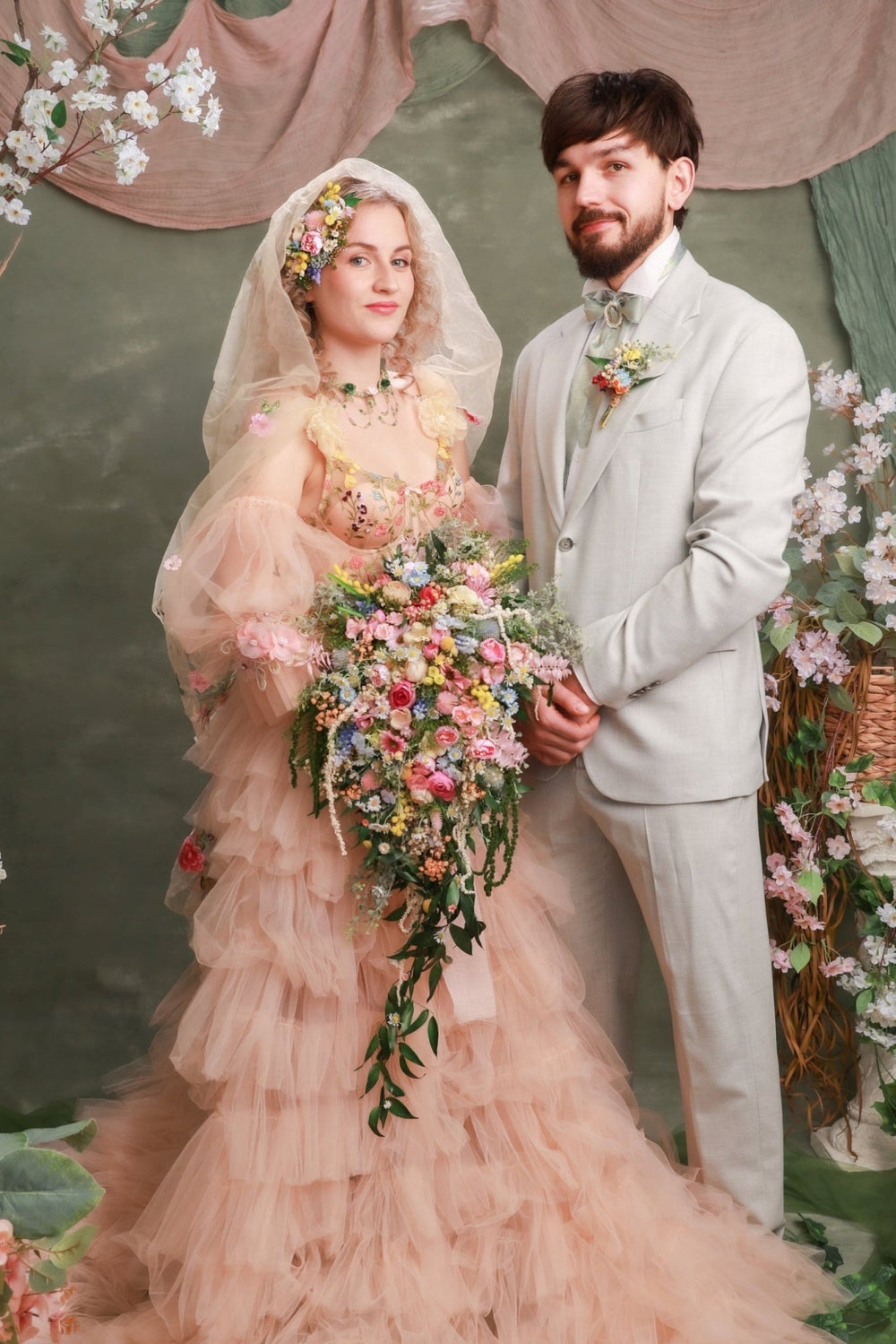 Cascading Wildflower Bridal Bouquet – Vintage Bridgerton Inspired Wedding Bouquet – handmade floral hair accessory by magaela