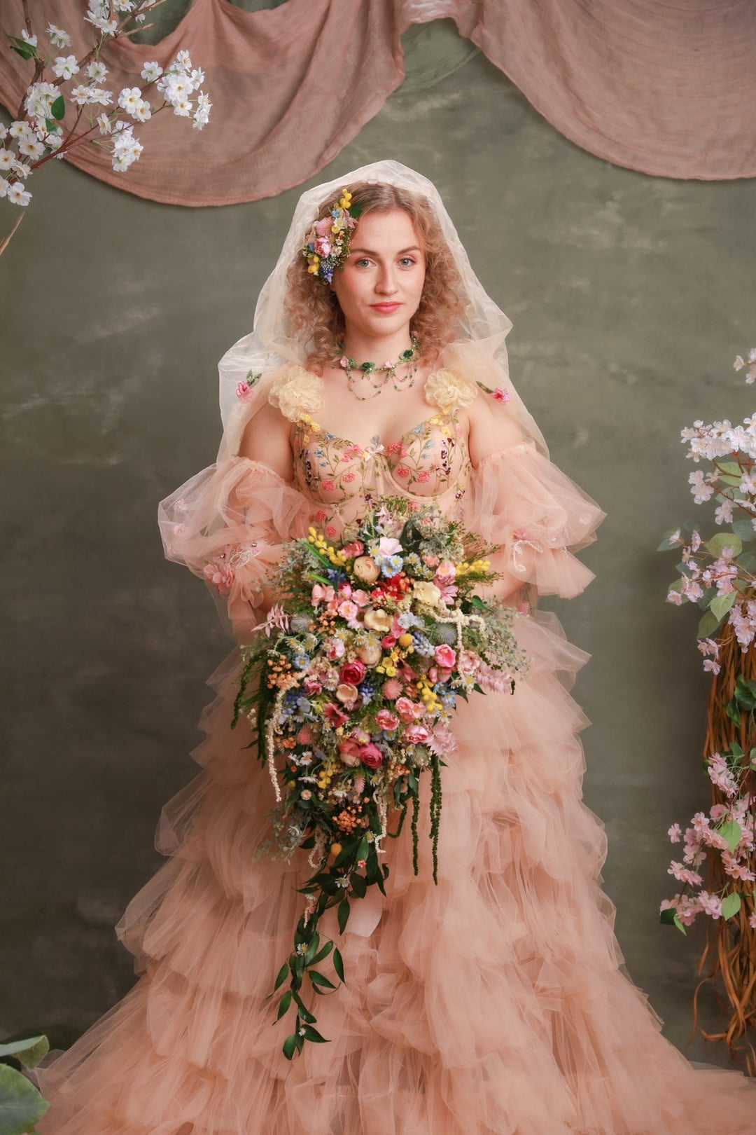 Cascading Wildflower Bridal Bouquet – Vintage Bridgerton Inspired Wedding Bouquet – handmade floral hair accessory by magaela