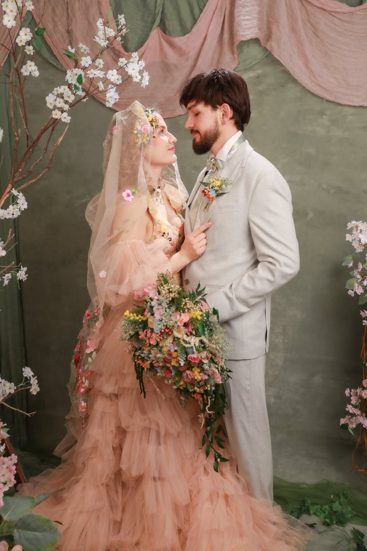 Cascading Wildflower Bridal Bouquet – Vintage Bridgerton Inspired Wedding Bouquet – handmade floral hair accessory by magaela
