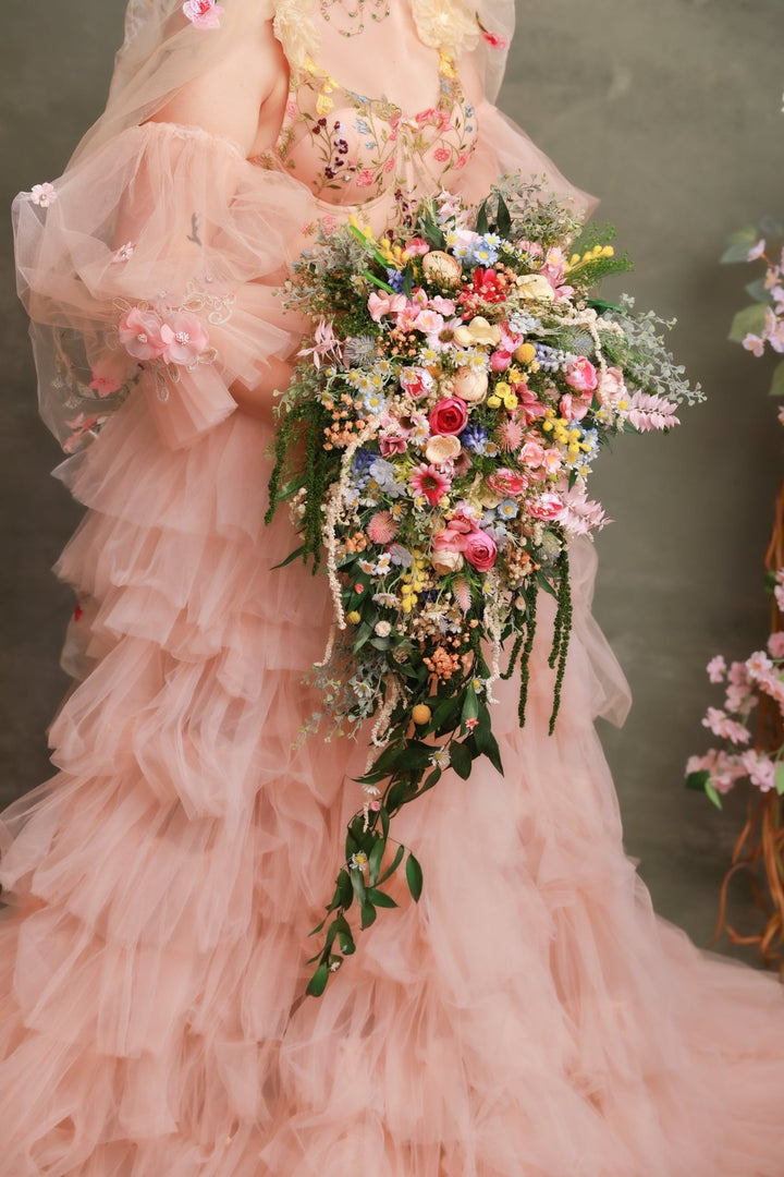 Cascading Wildflower Bridal Bouquet – Vintage Bridgerton Inspired Wedding Bouquet – handmade floral hair accessory by magaela