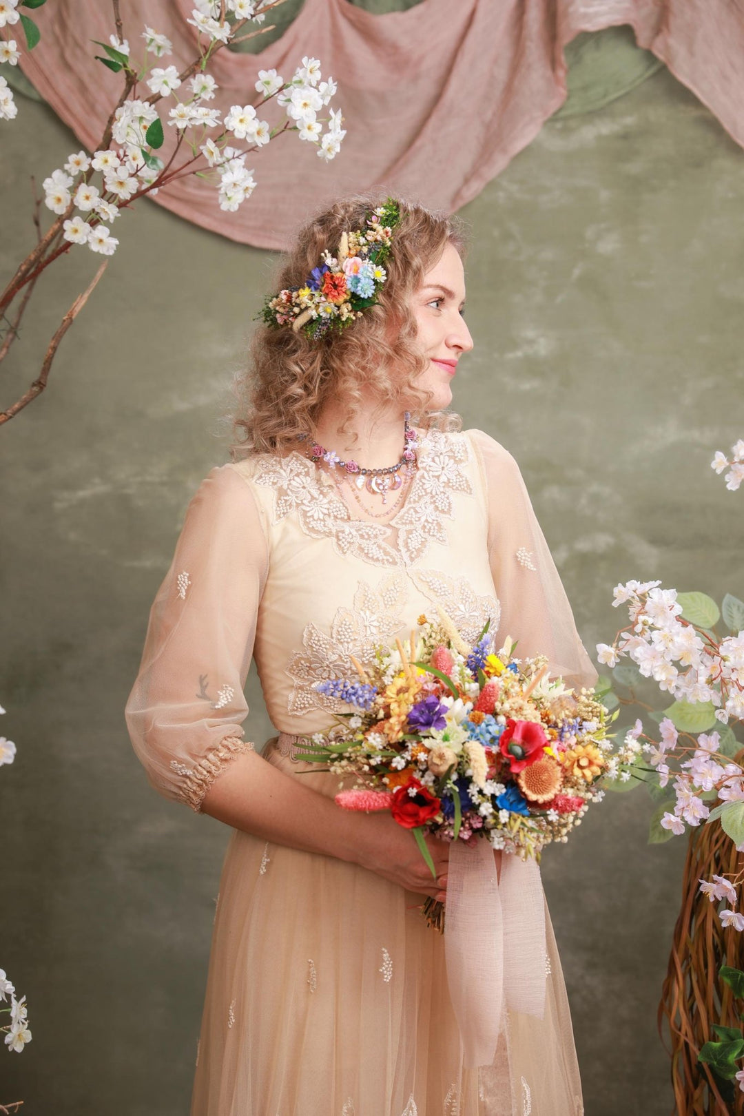 Wildflower Meadow Bridal Bouquet – Vintage Poppy & Cornflower Wedding Bouquet – handmade floral hair accessory by magaela