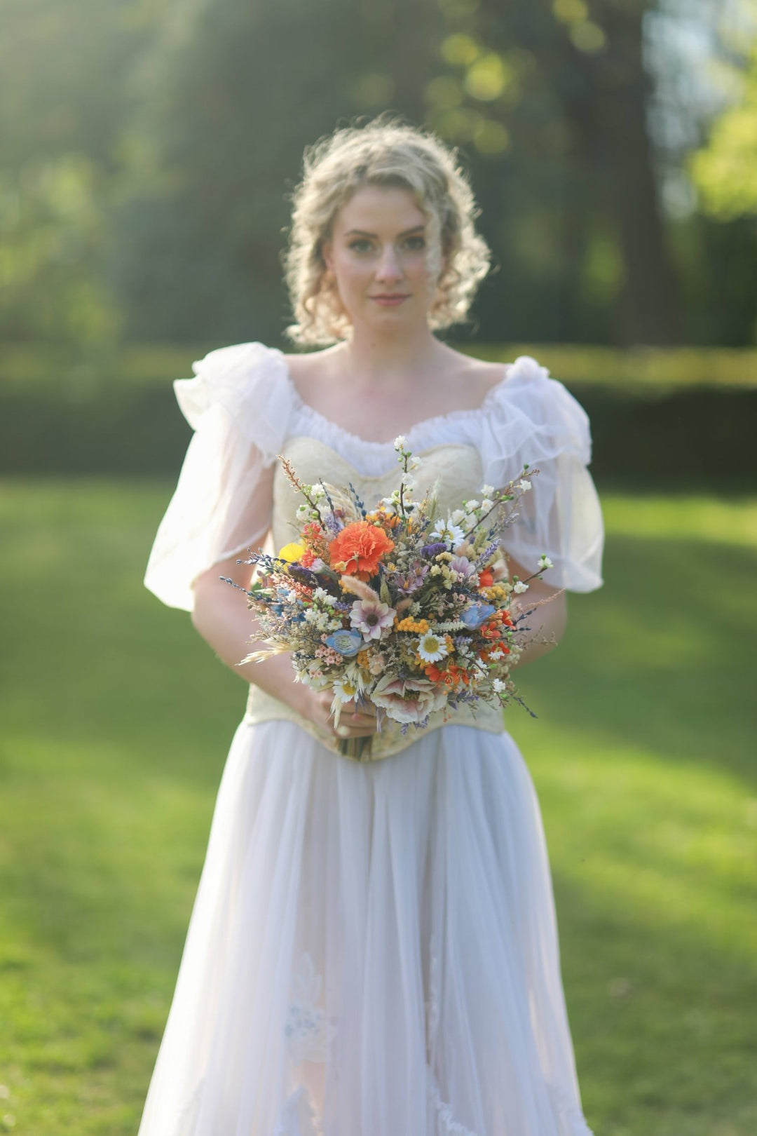 Vibrant Meadow Bridal Bouquet with Carnations, Iris and Wildflowers – handmade floral hair accessory by magaela