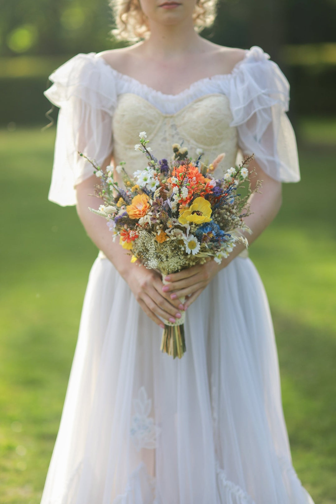 Vibrant Meadow Bridal Bouquet with Carnations, Iris and Wildflowers – handmade floral hair accessory by magaela