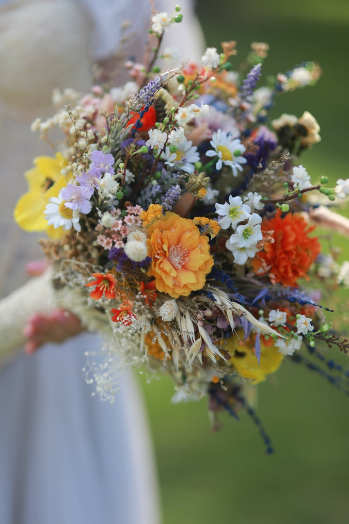 Vibrant Meadow Bridal Bouquet with Carnations, Iris and Wildflowers – handmade floral hair accessory by magaela