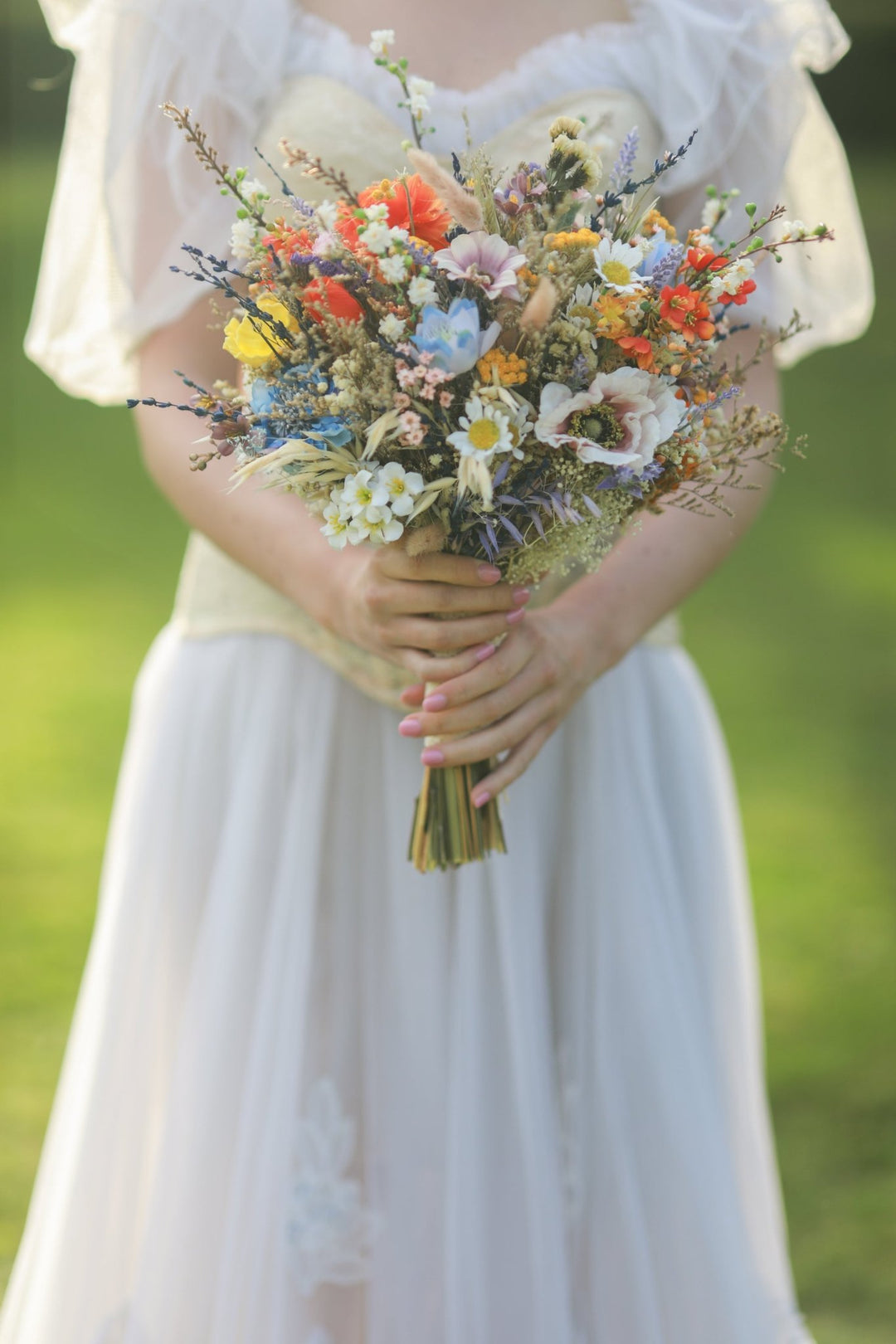 Vibrant Meadow Bridal Bouquet with Carnations, Iris and Wildflowers – handmade floral hair accessory by magaela