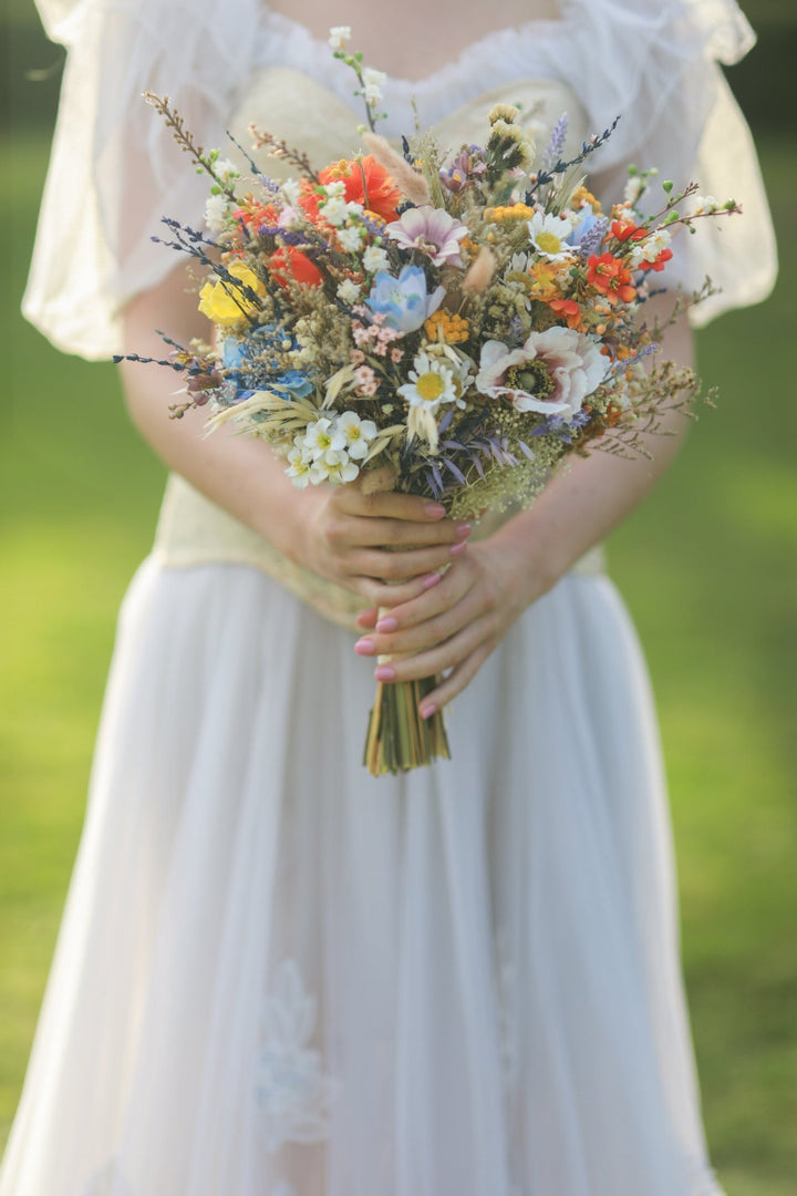 Vibrant Meadow Bridal Bouquet with Carnations, Iris and Wildflowers – handmade floral hair accessory by magaela