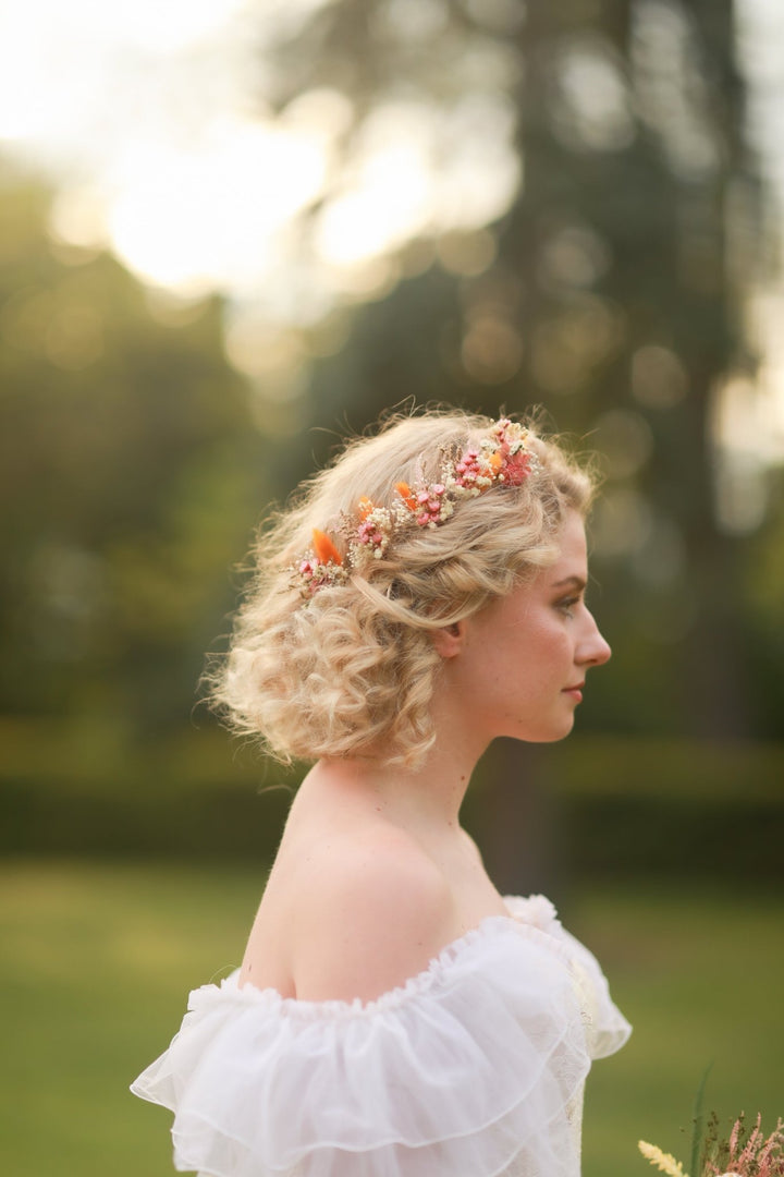 Dried Flower Bridal Hair Pins - Pink Orange Wildflower Wedding Hairpins