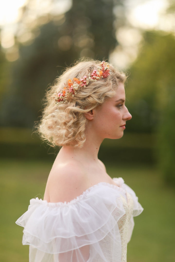 Dried Flower Bridal Hair Pins - Pink Orange Wildflower Wedding Hairpins