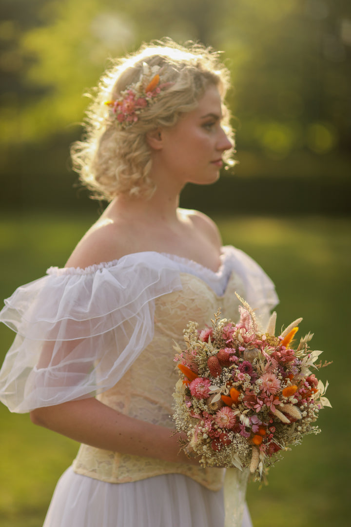 Pink and Orange Dried Flower Bridal Hair Comb Set with Matching Earrings
