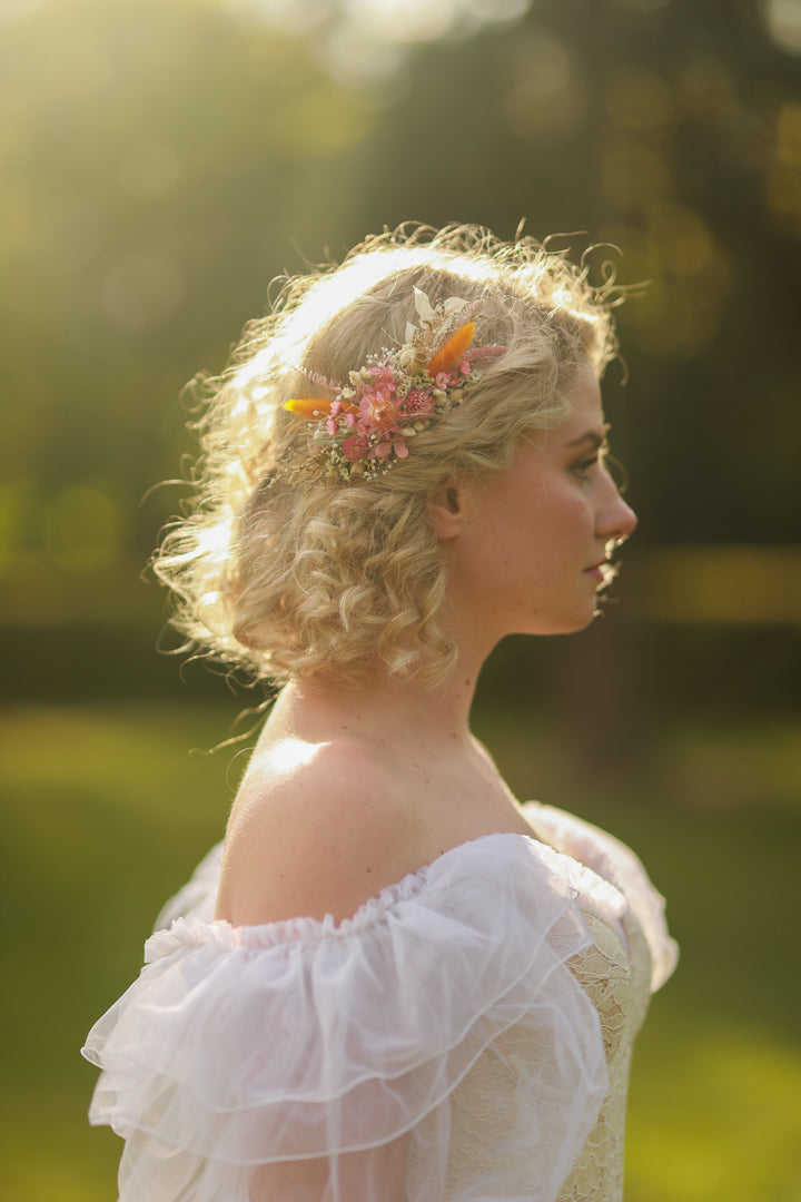 Pink and Orange Dried Flower Bridal Hair Comb Set with Matching Earrings