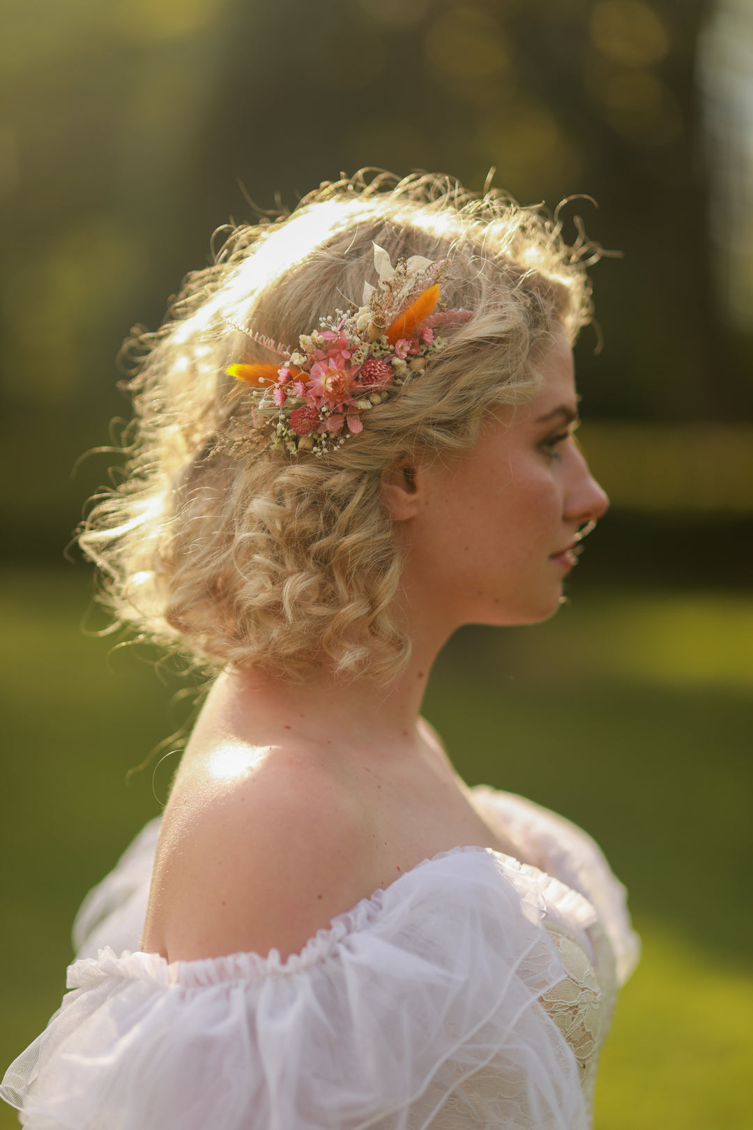 Pink and Orange Dried Flower Bridal Hair Comb Set with Matching Earrings