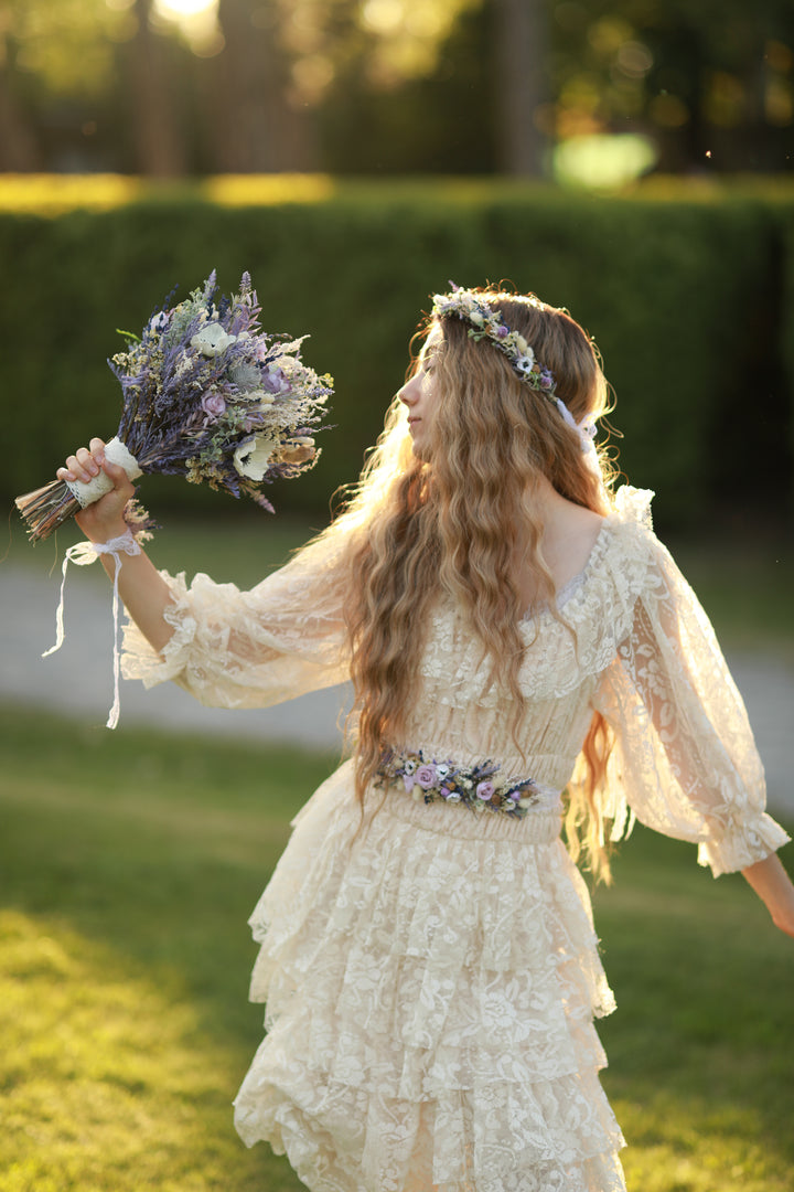 Purple Cream Floral Bridal Belt with Roses and Anemones | magaela