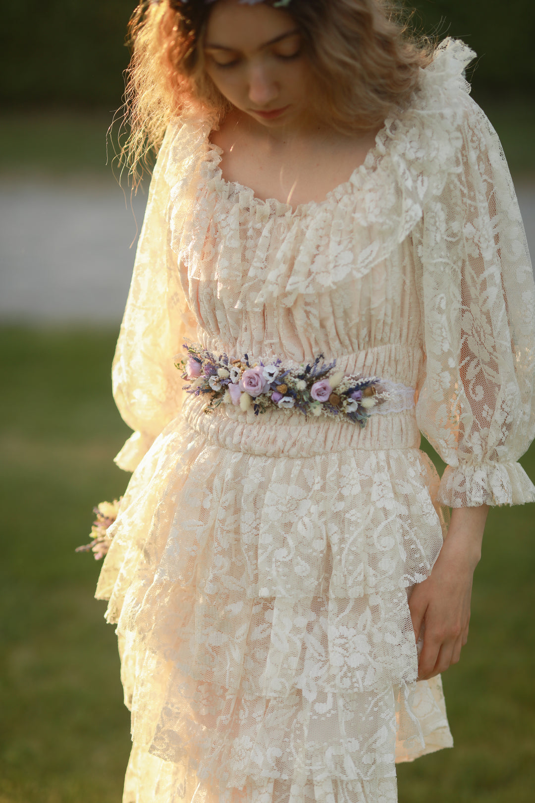 Purple Cream Floral Bridal Belt with Roses and Anemones | magaela