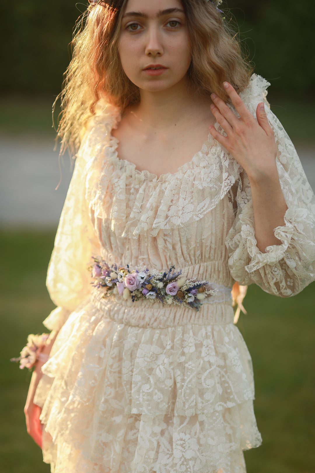 Purple Cream Floral Bridal Belt with Roses and Anemones | magaela