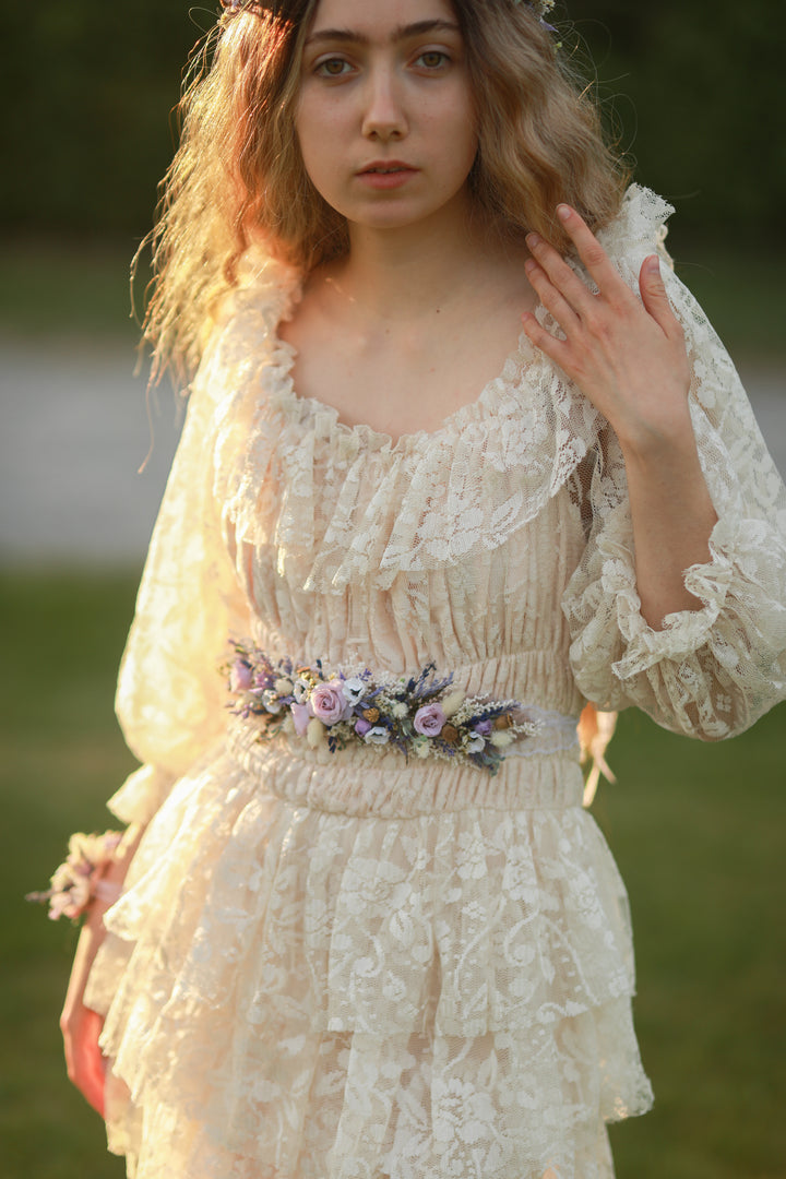 Purple Cream Floral Bridal Belt with Roses and Anemones | magaela