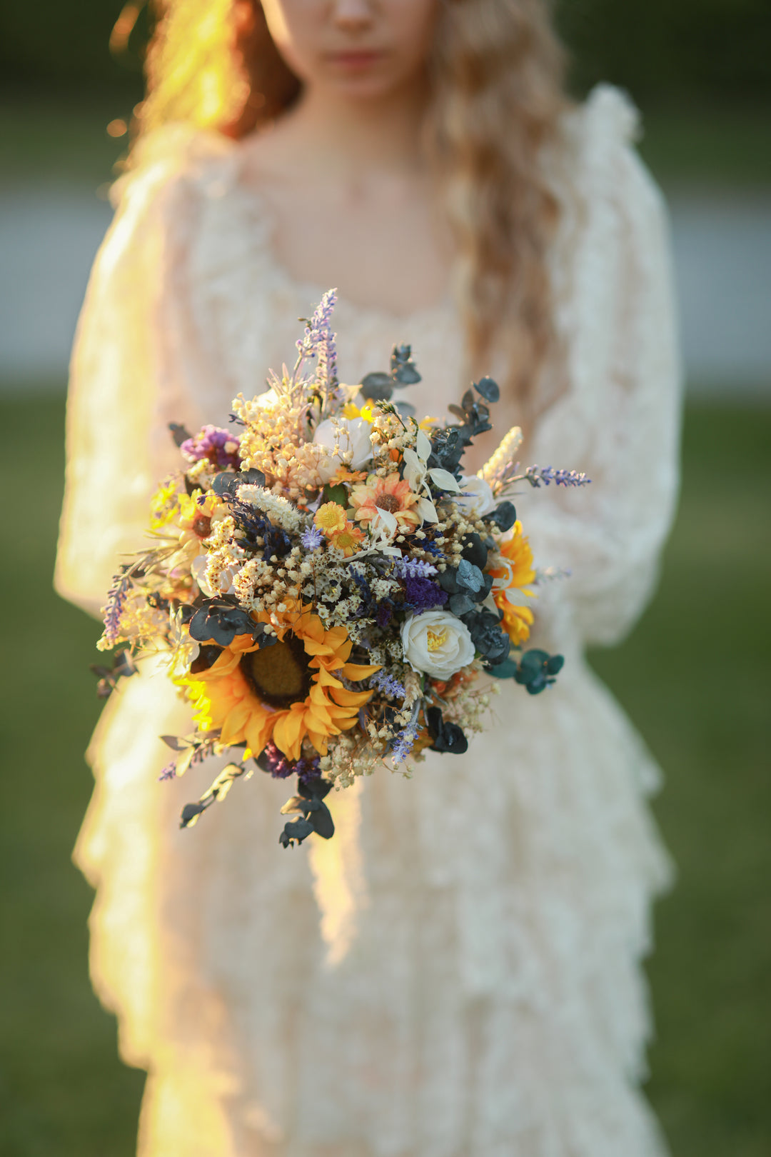 Sunflower Wildflower Bridal Bouquet with Lavender and White Roses