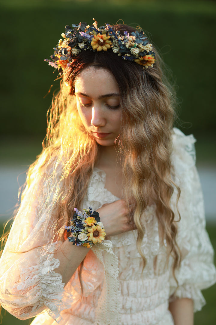 Sunflower Wildflower Wrist Corsage with Lavender and White Roses