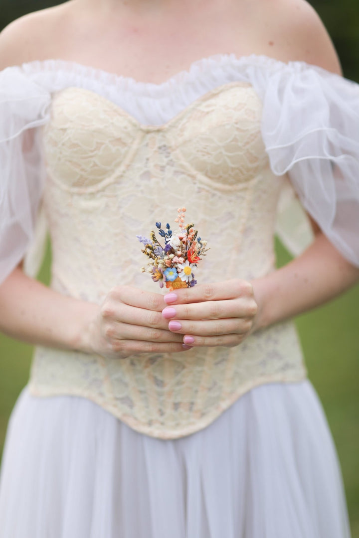 Vibrant Meadow Bridal Bouquet with Carnations, Iris and Wildflowers – handmade floral hair accessory by magaela