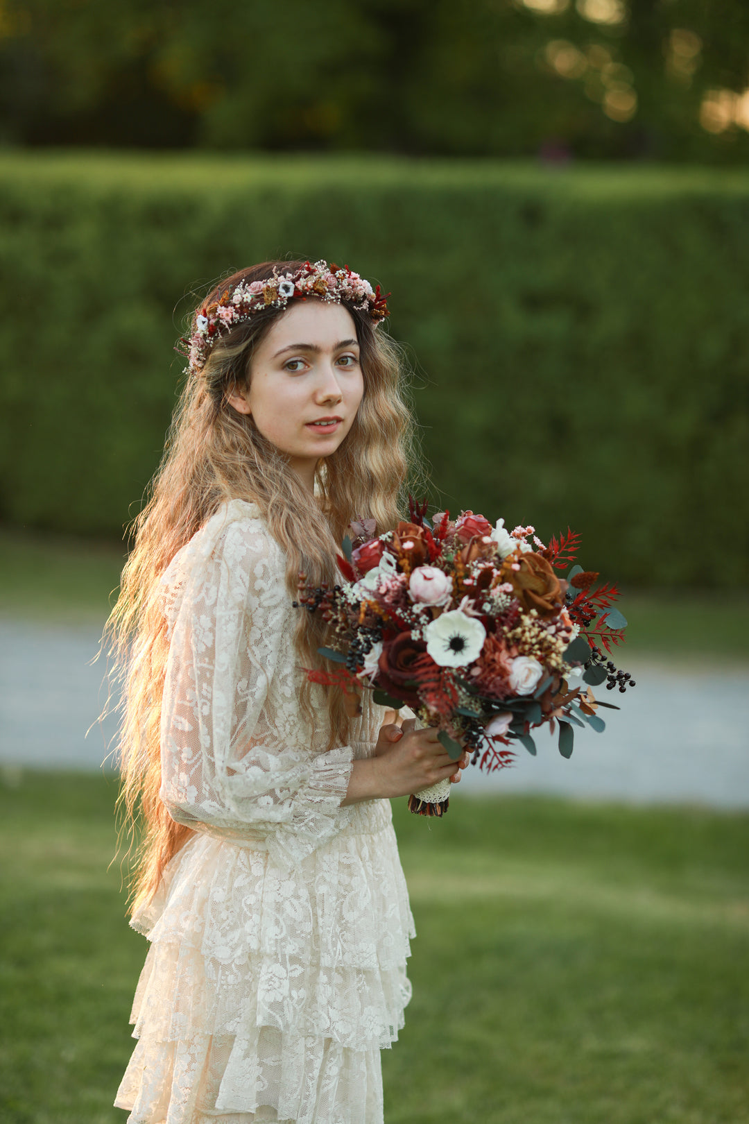 Dark Romance Bridal Bouquet with Anemones, Roses and Berries