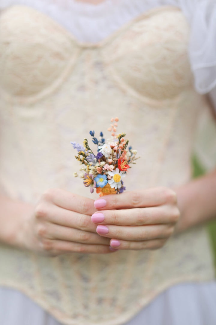 Vibrant Meadow Bridal Bouquet with Carnations, Iris and Wildflowers – handmade floral hair accessory by magaela