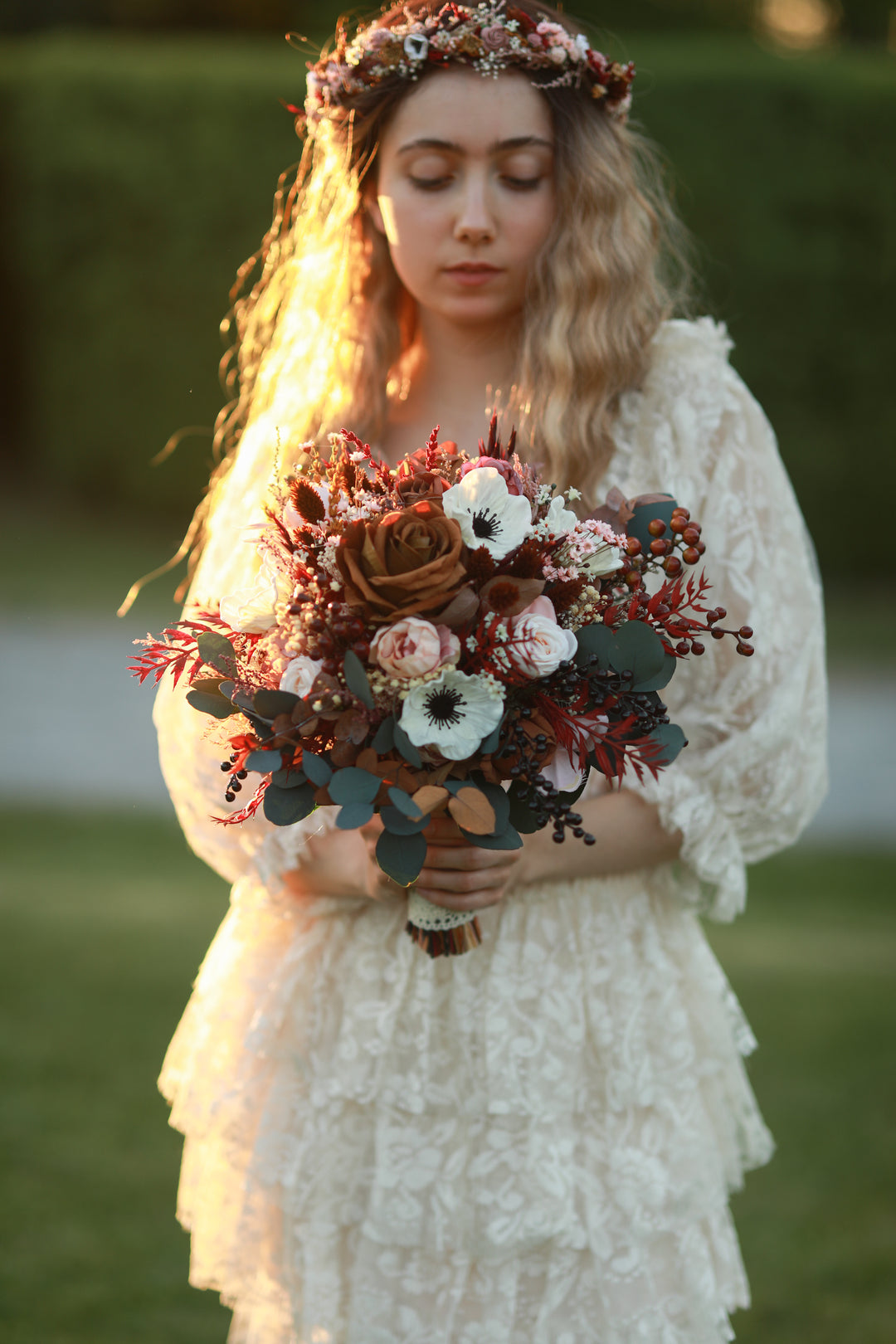 Dark Romance Bridal Bouquet with Anemones, Roses and Berries