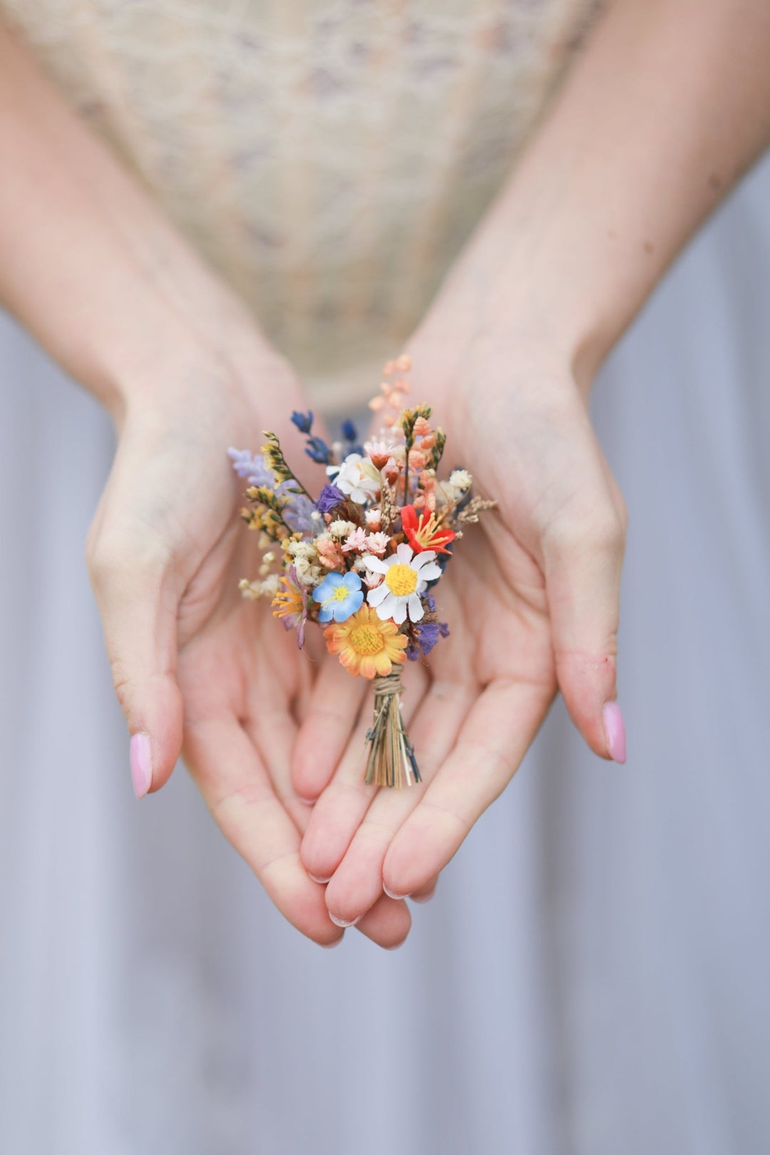 Vibrant Meadow Bridal Bouquet with Carnations, Iris and Wildflowers – handmade floral hair accessory by magaela