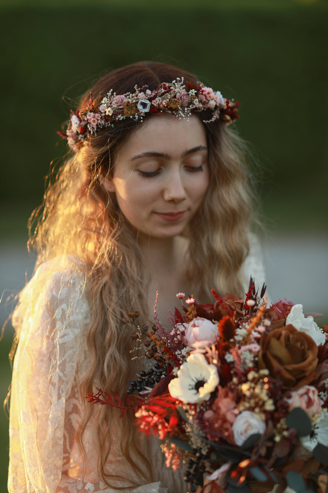 Dark Romance Bridal Wreath with Mauve Roses, Anemones and Dried Botanicals