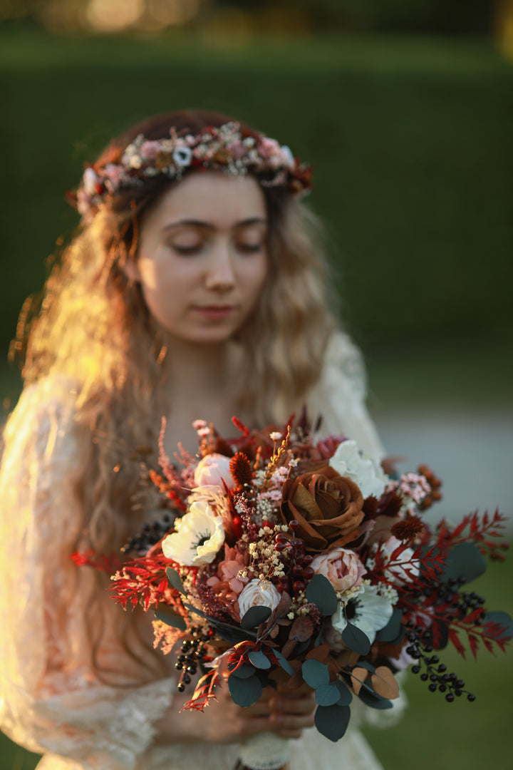 Dark Romance Bridal Bouquet with Anemones, Roses and Berries