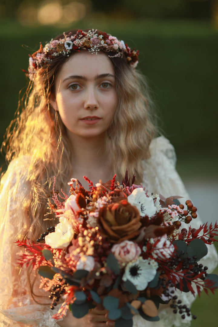 Dark Romance Bridal Wreath with Mauve Roses, Anemones and Dried Botanicals