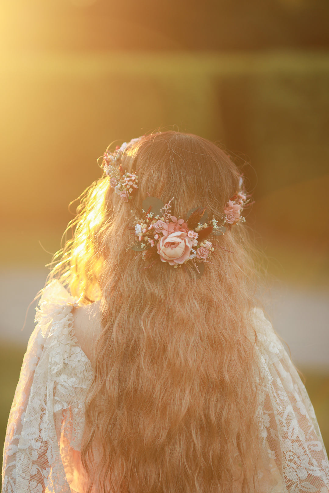 Handmade blush burgundy floral hair vine with peony and roses in bridal half-up hairstyle, golden hour editorial by Magaela
