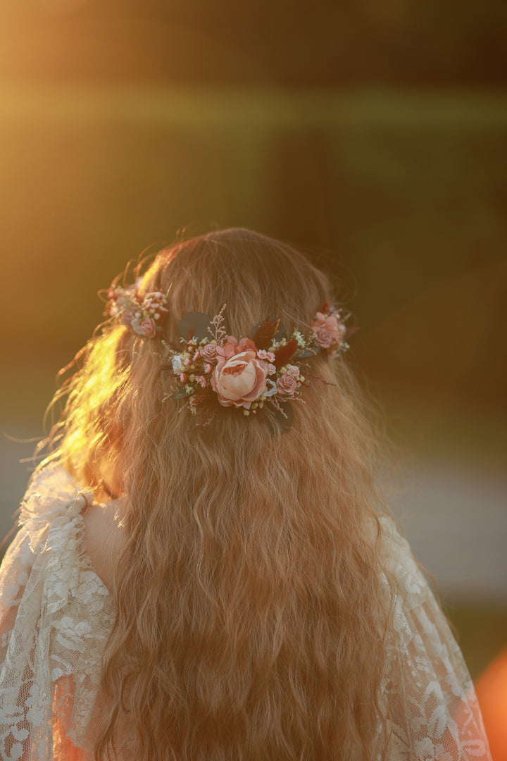 Handmade blush burgundy floral hair vine with peony and roses in bridal half-up hairstyle, golden hour editorial by Magaela