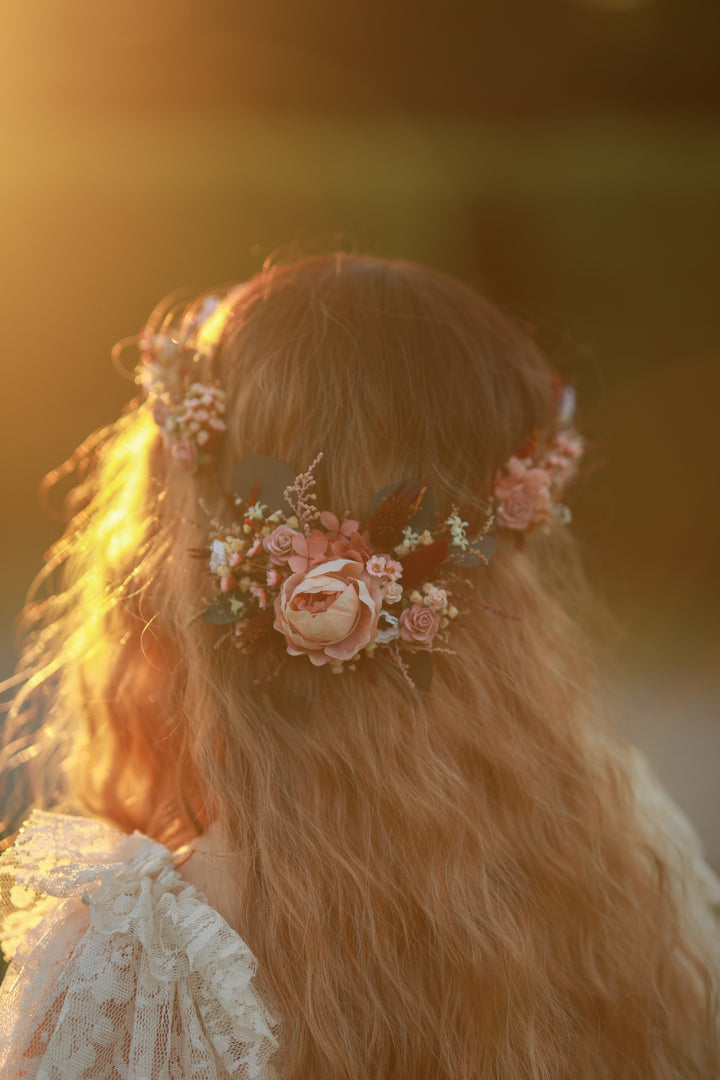 Handmade blush burgundy floral hair vine with peony and roses in bridal half-up hairstyle, golden hour editorial by Magaela