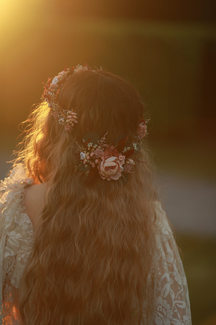 Blush and Burgundy Bridal Hair Vine with Peonies, Roses and Eucalyptus