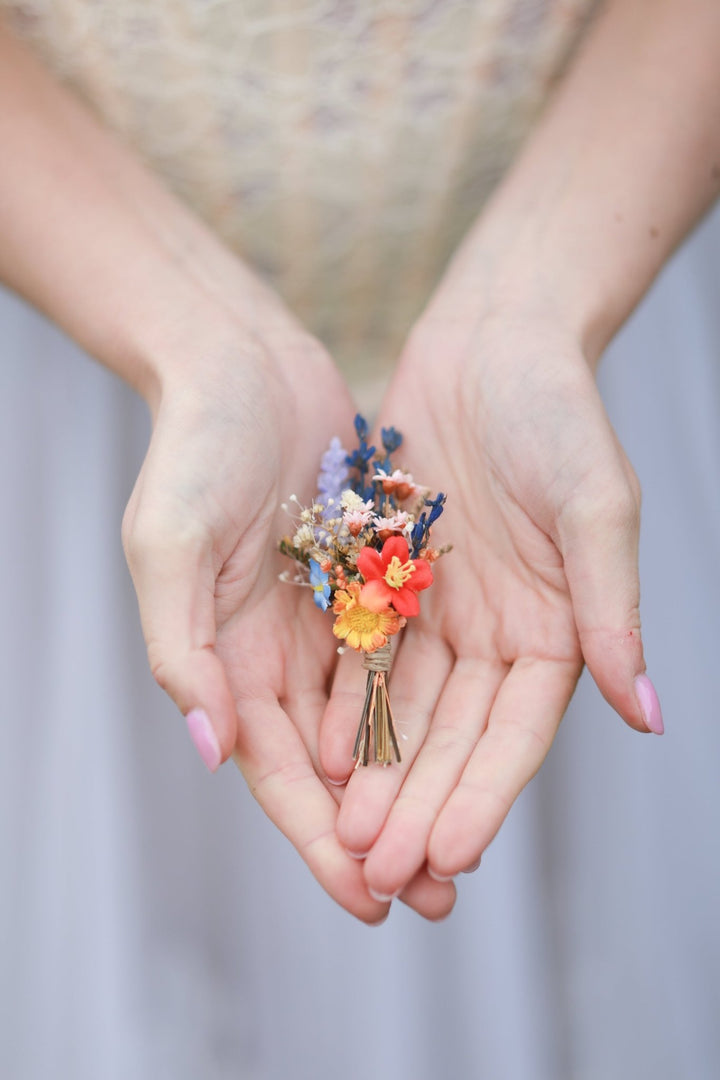 Vibrant Meadow Bridal Bouquet with Carnations, Iris and Wildflowers – handmade floral hair accessory by magaela