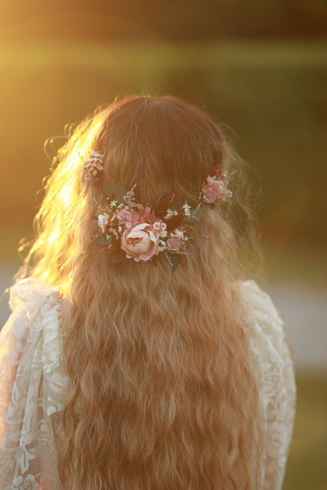 Handmade blush burgundy floral hair vine with peony and roses in bridal half-up hairstyle, golden hour editorial by Magaela