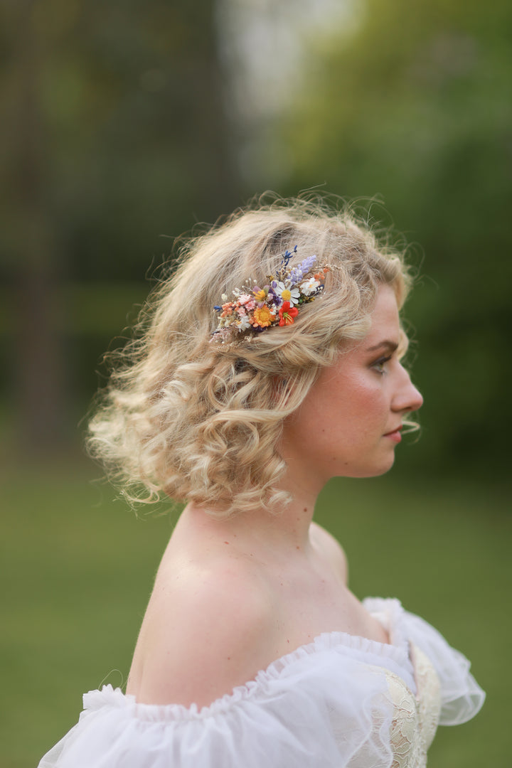 Two sizes: Colorful Wildflower Bridal Hair Comb with Orange, Blue and Purple Meadow Blooms
