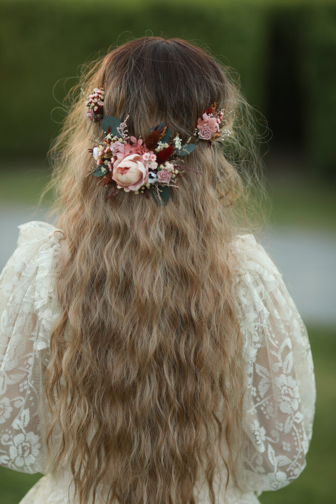 Handmade blush burgundy floral hair vine with peony and roses in bridal half-up hairstyle, golden hour editorial by Magaela