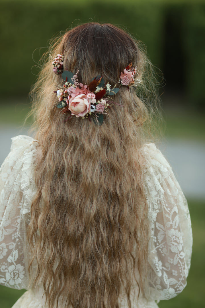 Handmade blush burgundy floral hair vine with peony and roses in bridal half-up hairstyle, golden hour editorial by Magaela