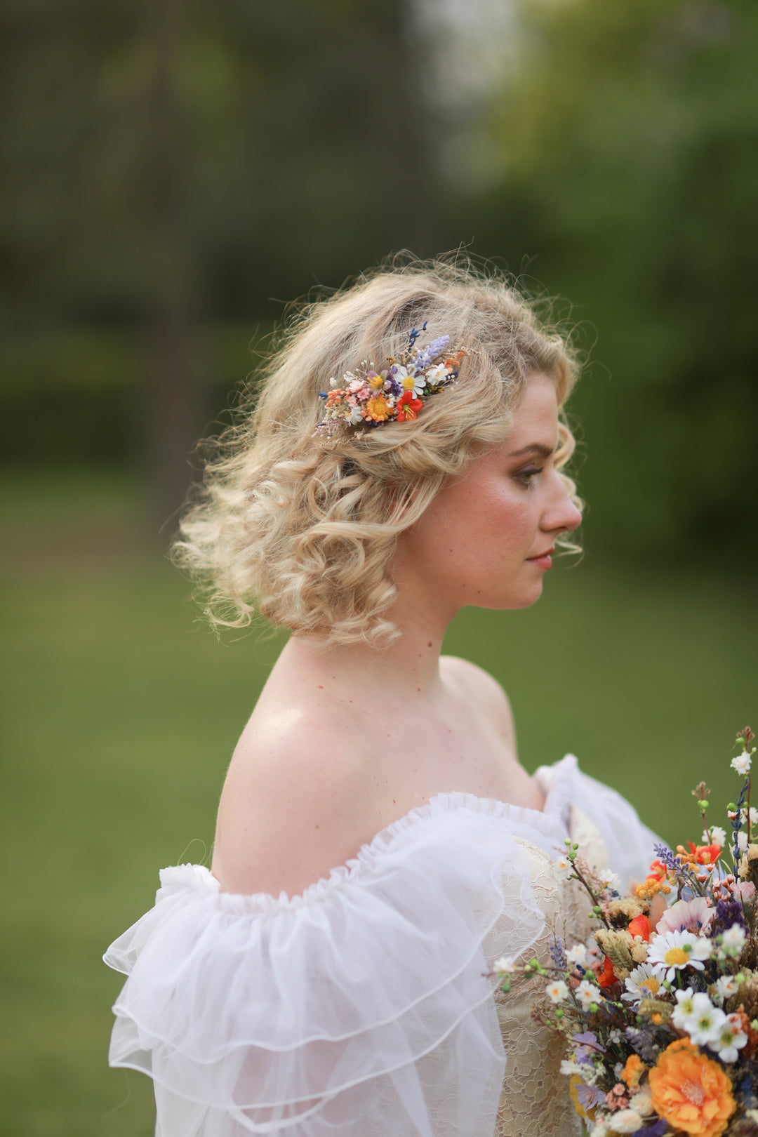 Two sizes: Colorful Wildflower Bridal Hair Comb with Orange, Blue and Purple Meadow Blooms