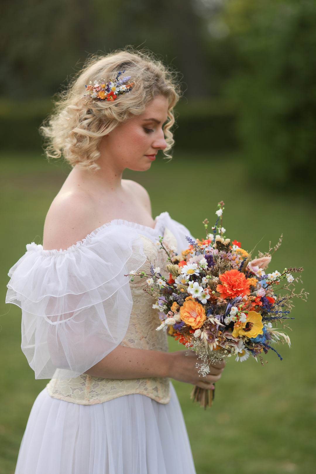Two sizes: Colorful Wildflower Bridal Hair Comb with Orange, Blue and Purple Meadow Blooms